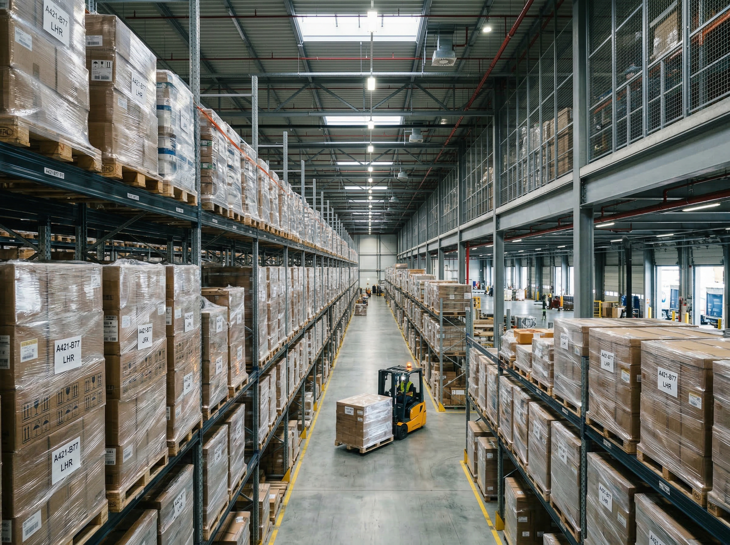 Air freight warehouse with pallets and forklift ready for international shipping
